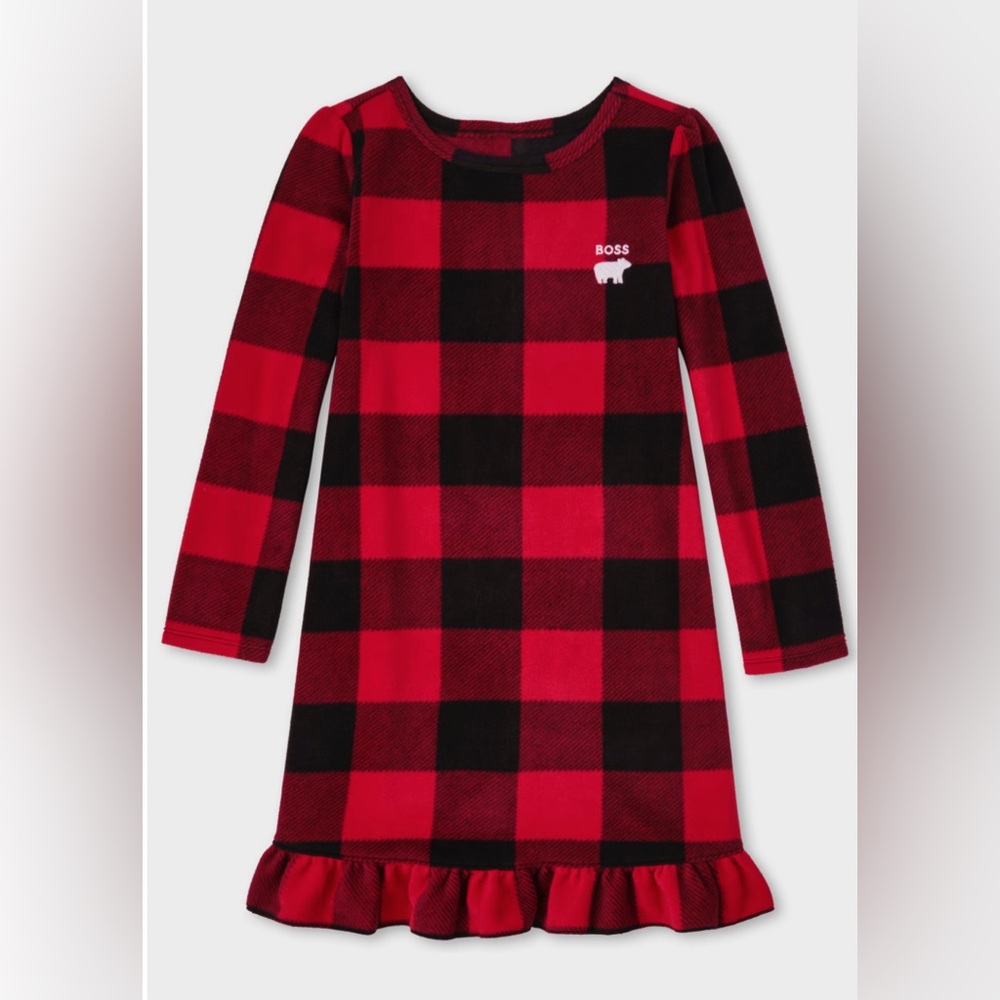 Children’s Place Kids PJ - Cute ‘Boss’ Bear Plaid Red Black Nightgown Sz 7/8 Med